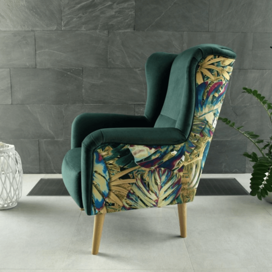 BELEK Dizájnos fotel, anyag, smaragd/minta Jungle