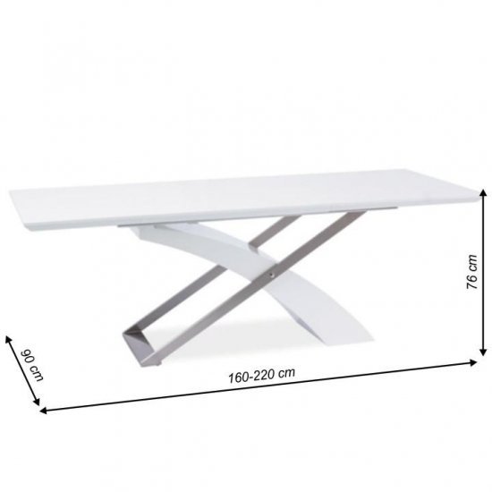 KROS Meghosszabbítható étkezőasztal, fehér extra magasfényű HG/fém, 160-220x90 cm