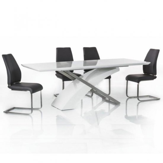 KROS Meghosszabbítható étkezőasztal, fehér extra magasfényű HG/fém, 160-220x90 cm