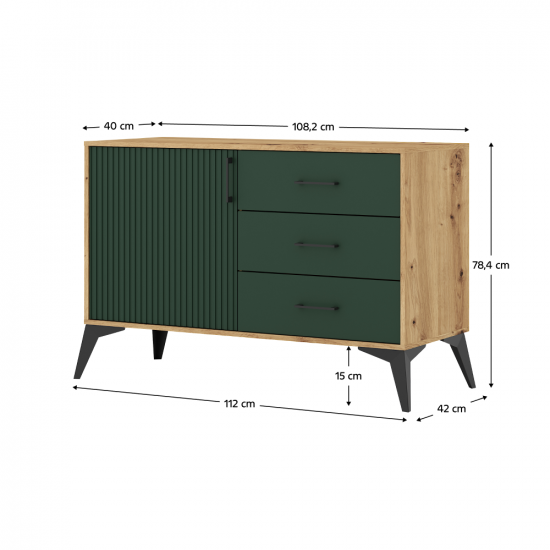 LUGON Komód, artisan tölgy/sötétzöld 1D3S LU3