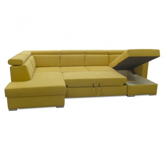 MARIETA Luxus kivitelű ülőgarnitúra, sárga/barna párnák, balos U