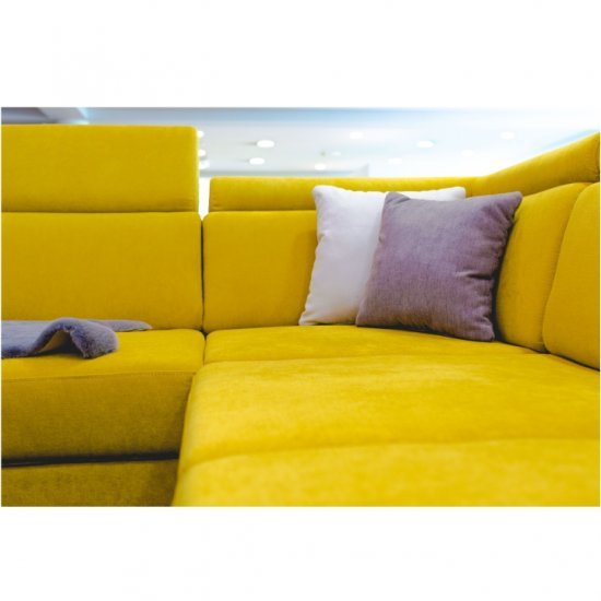 MARIETA Luxus kivitelű ülőgarnitúra, sárga/barna párnák, balos U